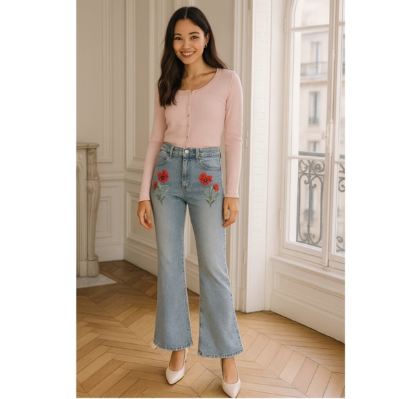 MISS SIXTY Light Blue Flare Jeans with Red Floral Embroidery Size 26 - Picture 3 of 16